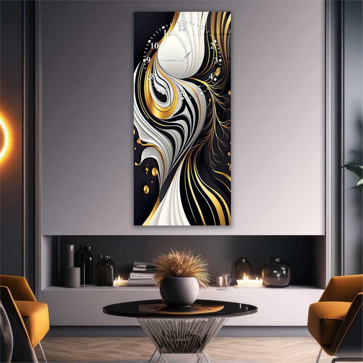 Vertical Art Themed Glass Wall Art with Clock at the Top 027
