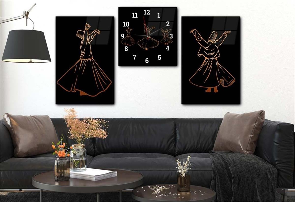 Whirling Dervish Themed Glass Wall Art Set with Clock , Glass Wall printing Clock Set with Mevlevi Visual