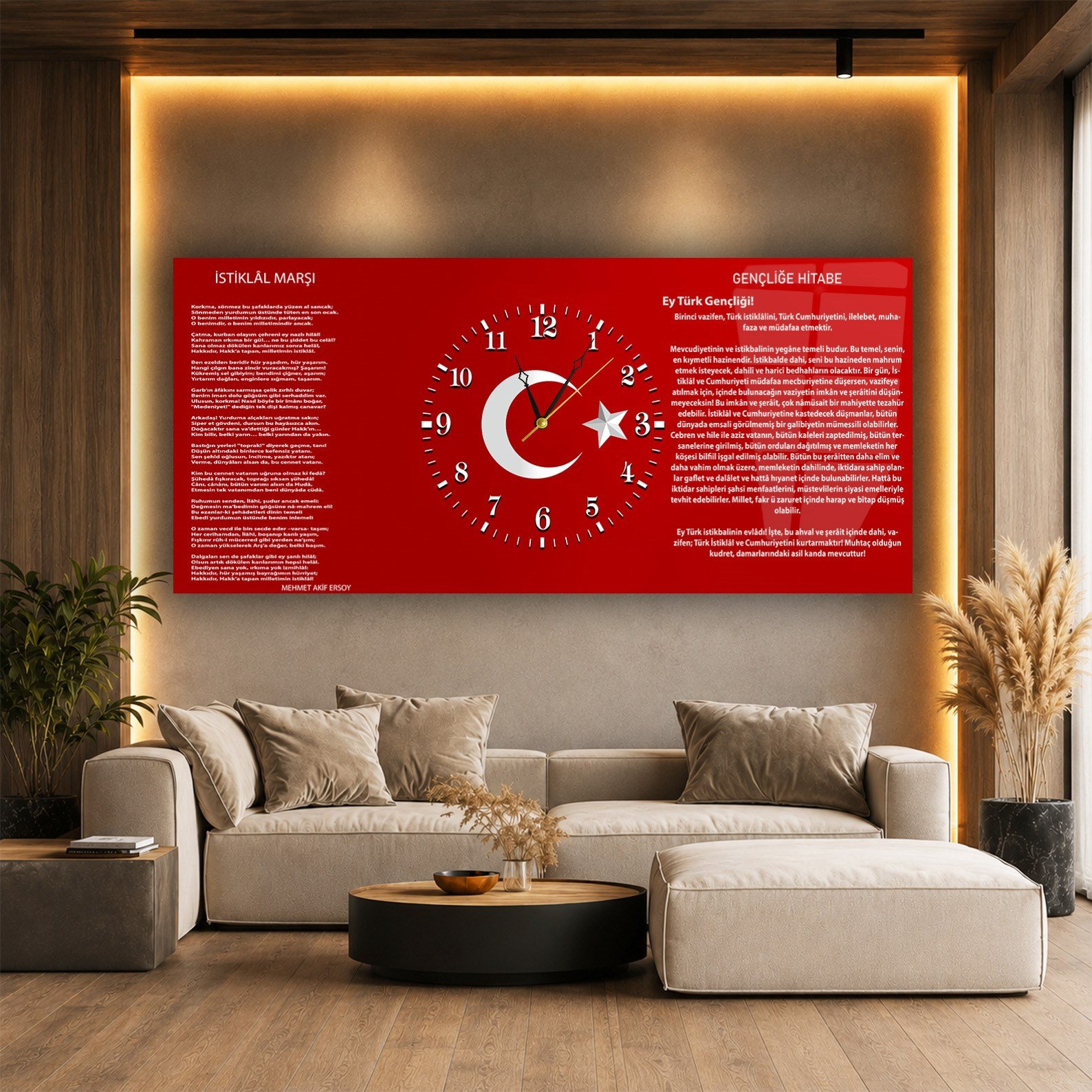 İstiklal Marşı ve Gençliğe Hitabe Yatay Ortadan Saatli  Vatan Temalı Cam Tablo 001