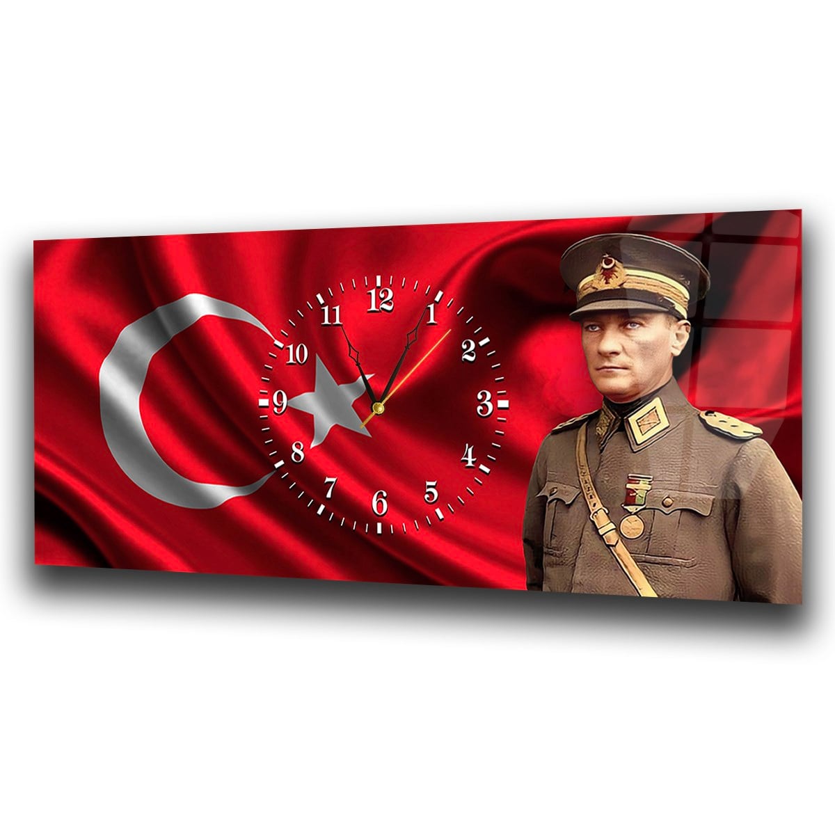 Yatay Saatli Ortadan Vatan Temalı Cam Tablo 097