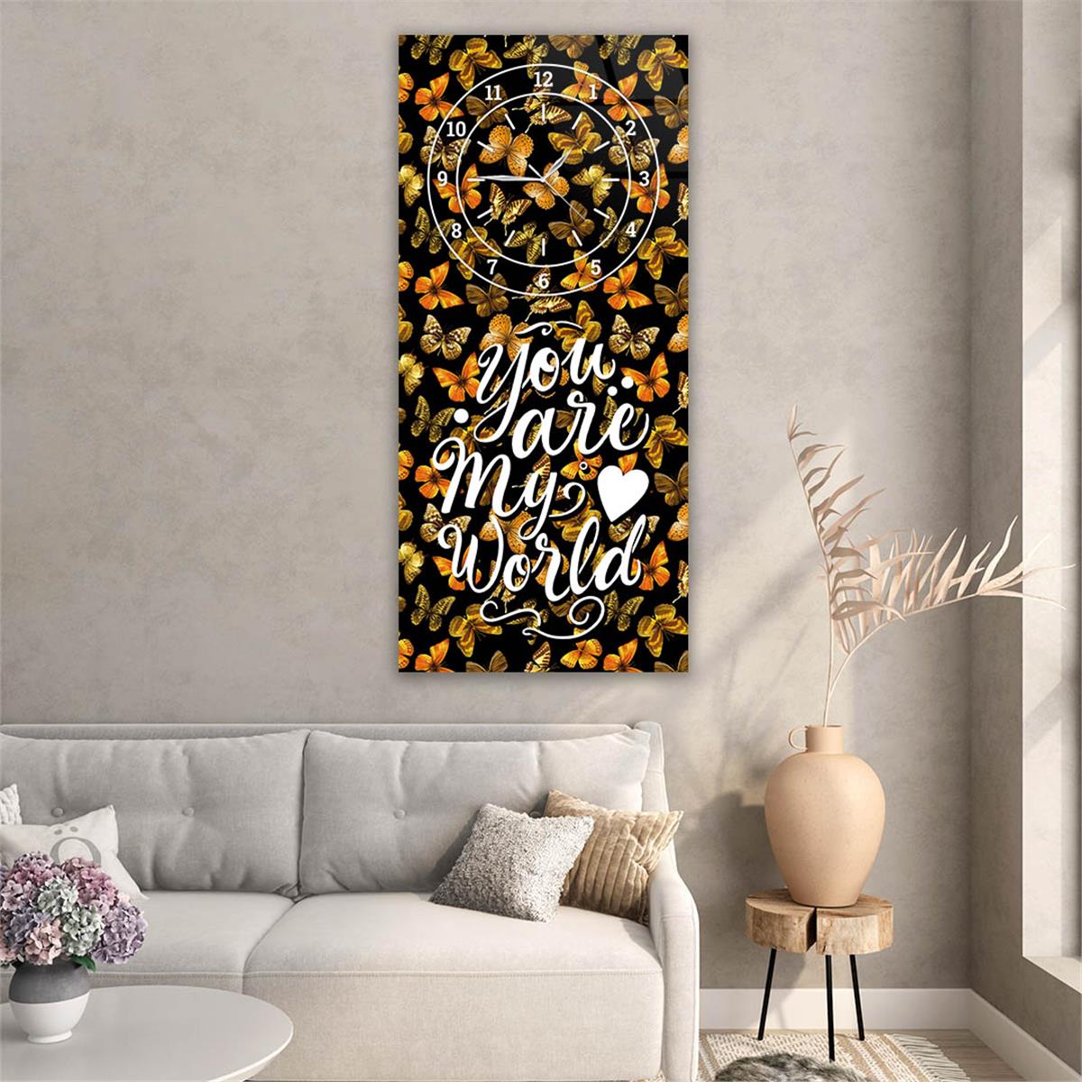 Vertical Art Themed Glass Wall Art with Clock at the Top 004