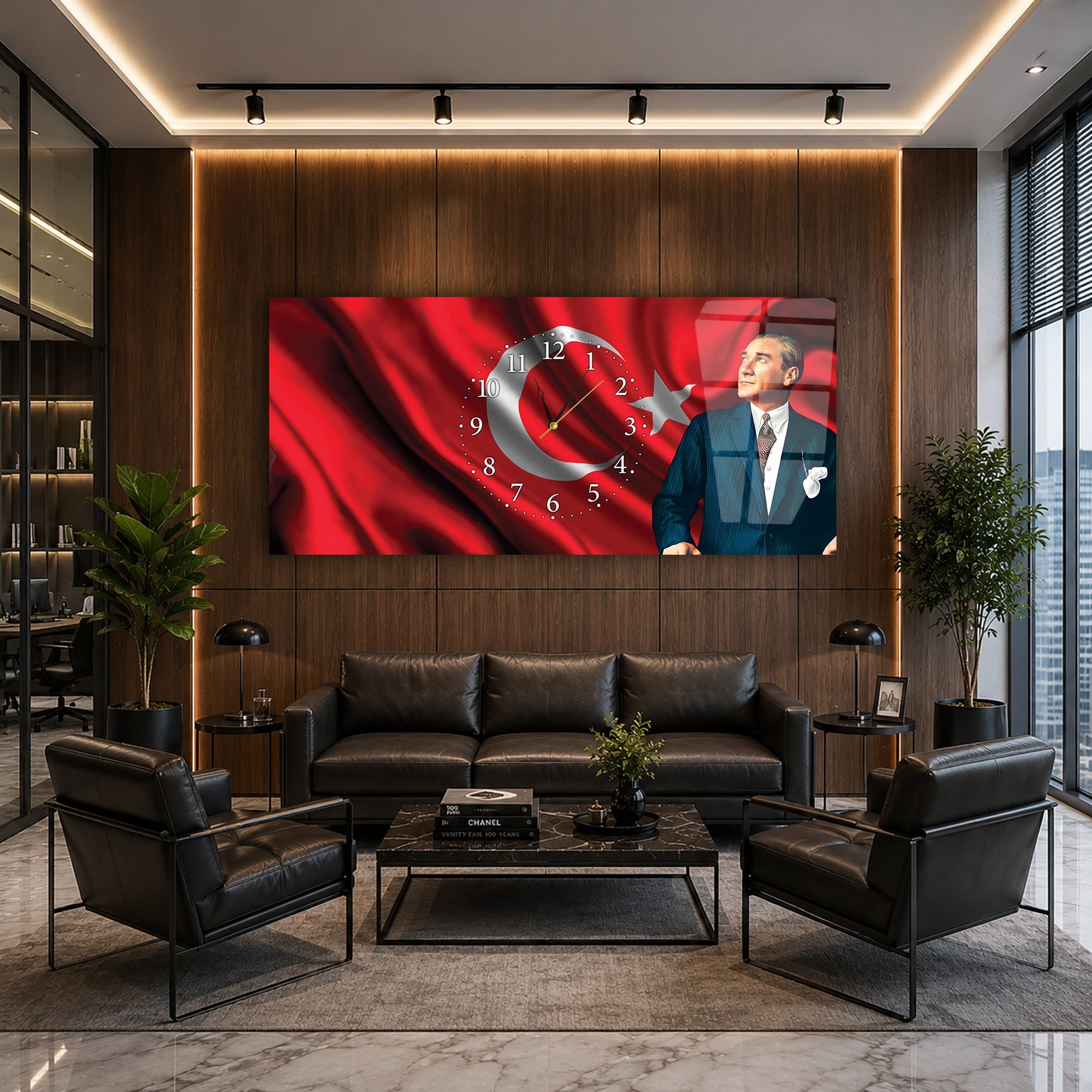 Ayyıldız Türk Bayrağı ve Atatürk Yatay Ortadan Saatli  Cam Tablo 084