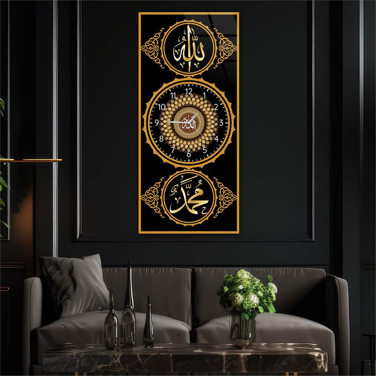 Vertical Religious Themed Glass Wall Art with Clock at the Center 015