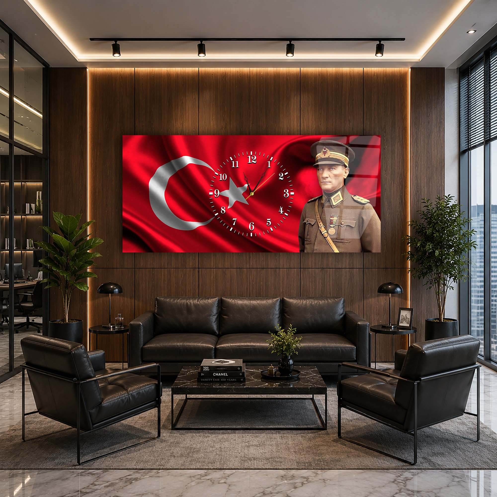 Yatay Saatli Ortadan Vatan Temalı Cam Tablo 097