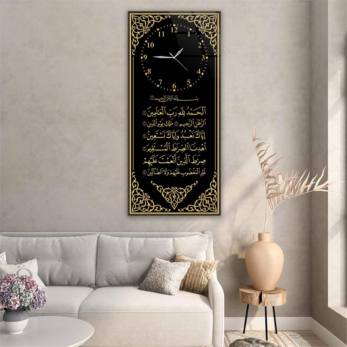 Vertical Religious Themed Glass Wall Art with Clock at the Top  024
