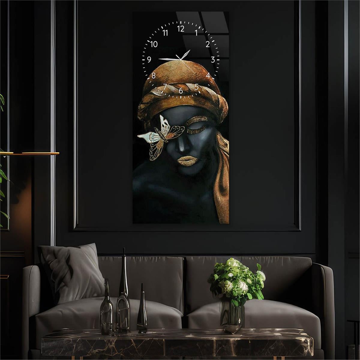 Vertical Art Themed Glass Wall Art with Clock at the Top 035