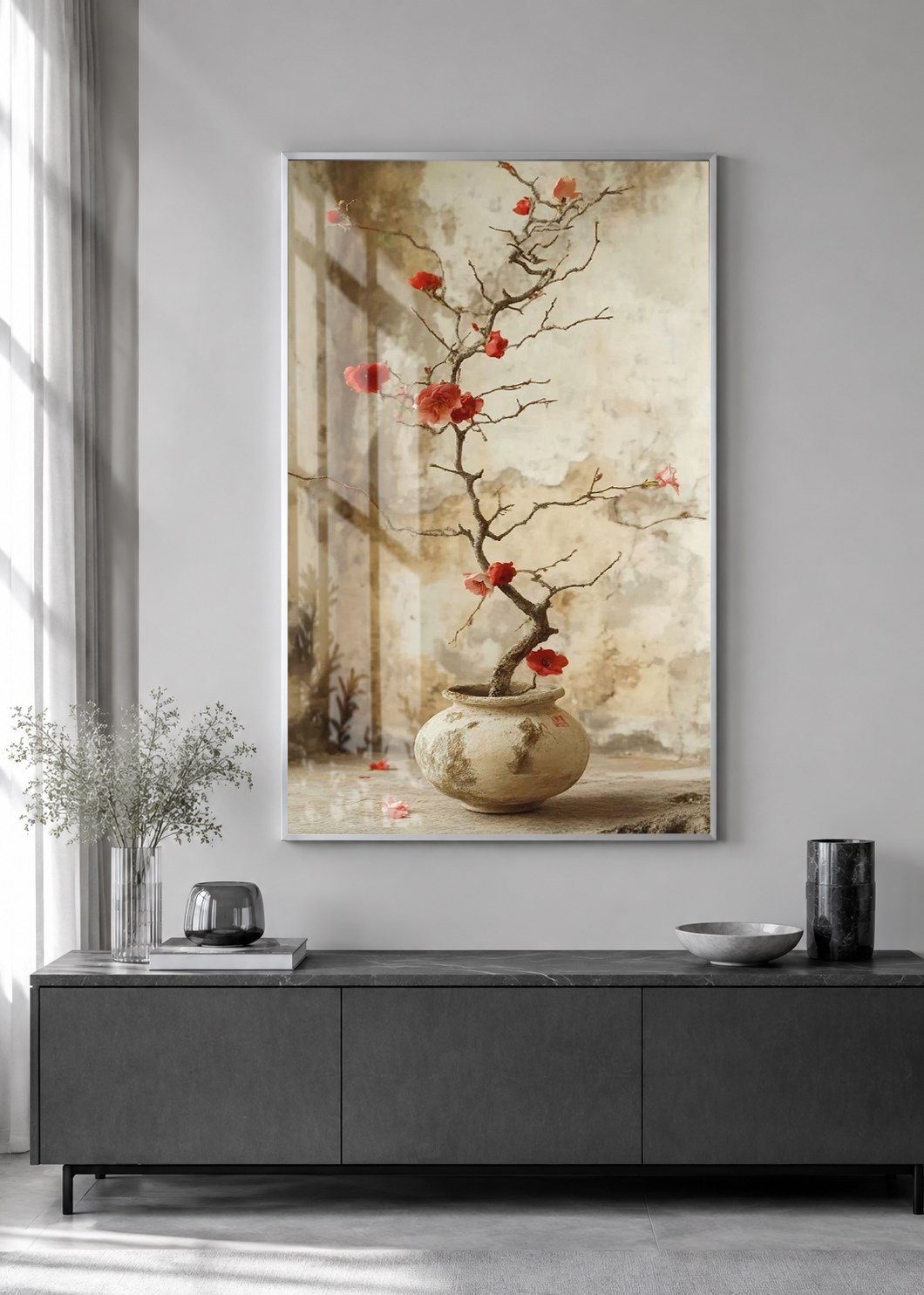 Kırmızı Çiçekli Bonsai Dalı Alüminyum Çerçeveli Dekoratif Cam Duvar Tablosu