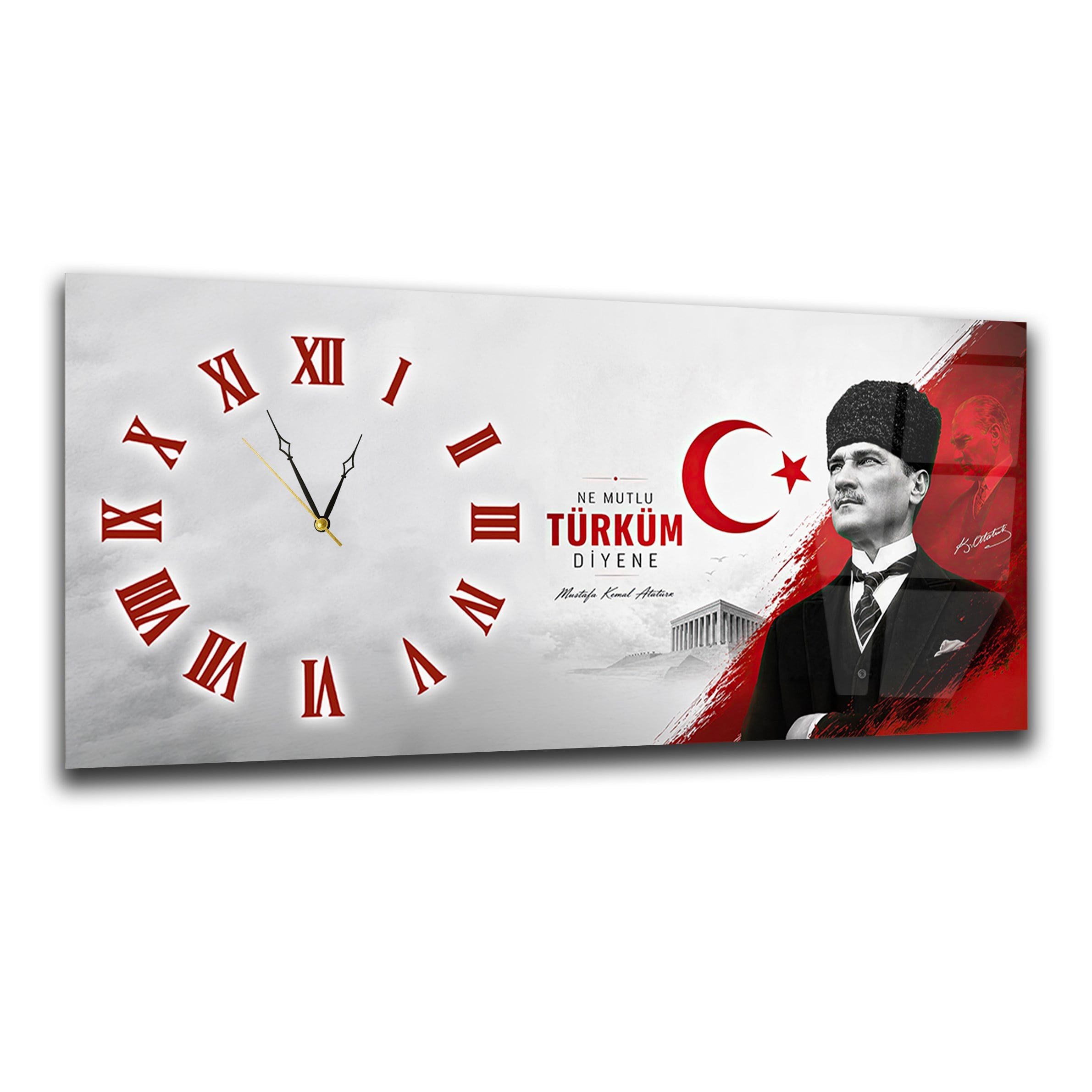Yatay Saatli Yandan Vatan Temalı Cam Tablo 013