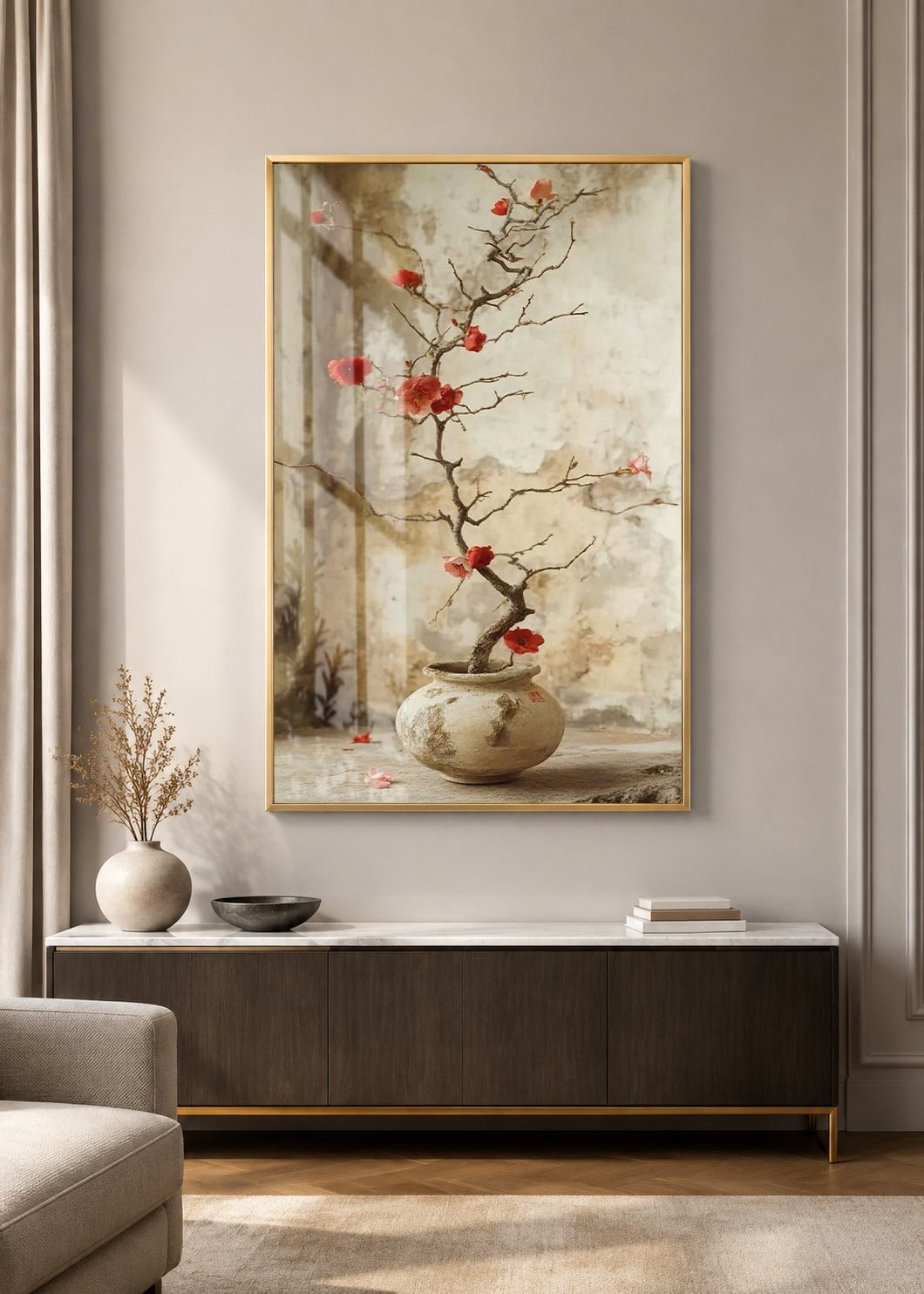 Kırmızı Çiçekli Bonsai Dalı Alüminyum Çerçeveli Dekoratif Cam Duvar Tablosu