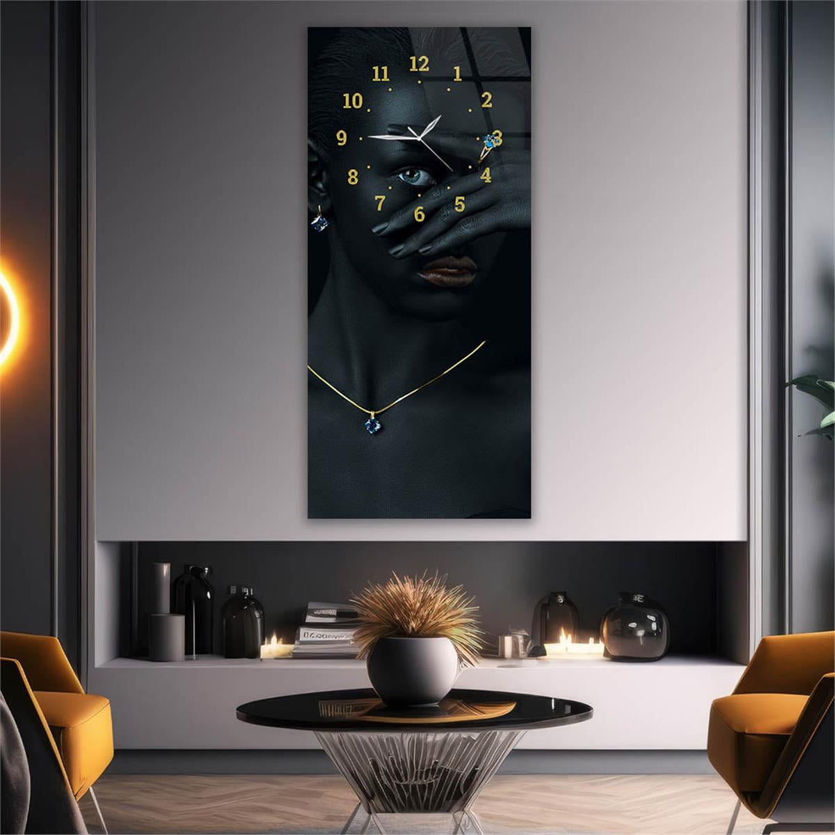 Tableau en verre à thème art et nature vertical avec horloge en haut 076