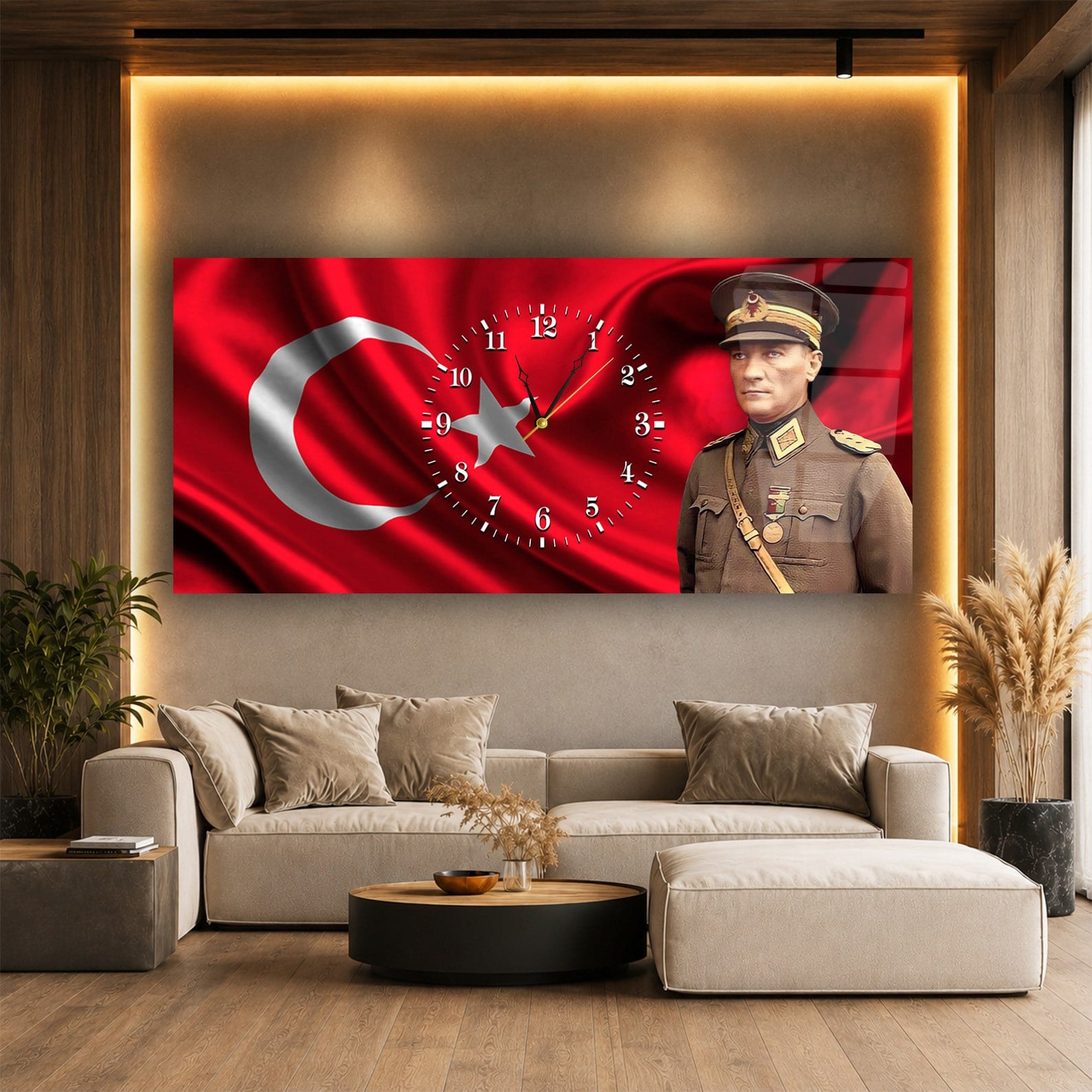 Yatay Saatli Ortadan Vatan Temalı Cam Tablo 097