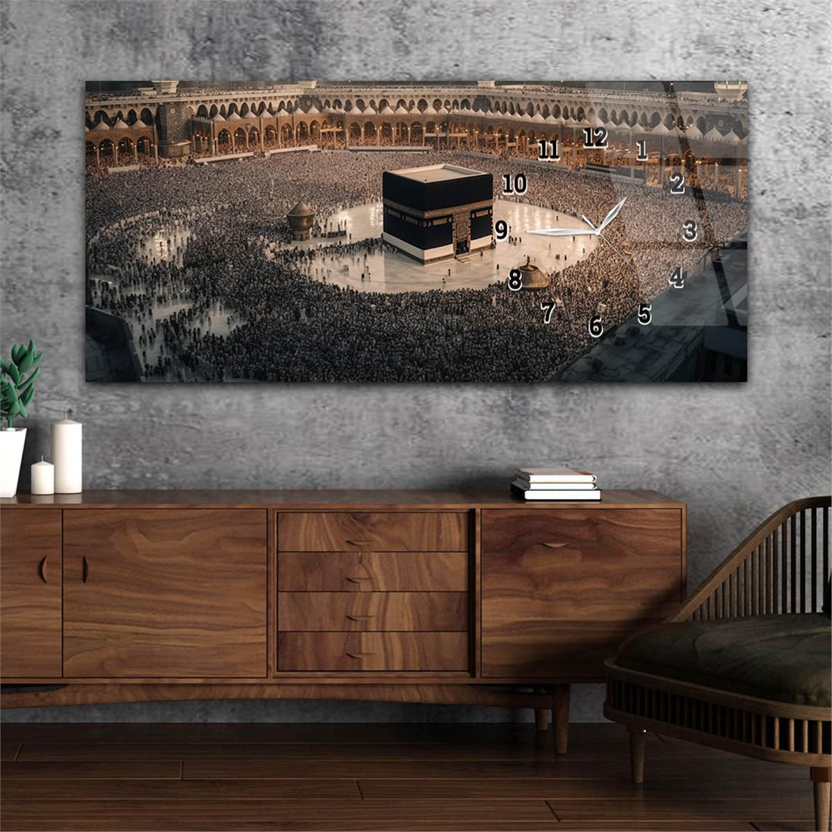 Kaaba Tavaf Side-Clock, Religious-Themed Horizontal Glass Wall Painting 065