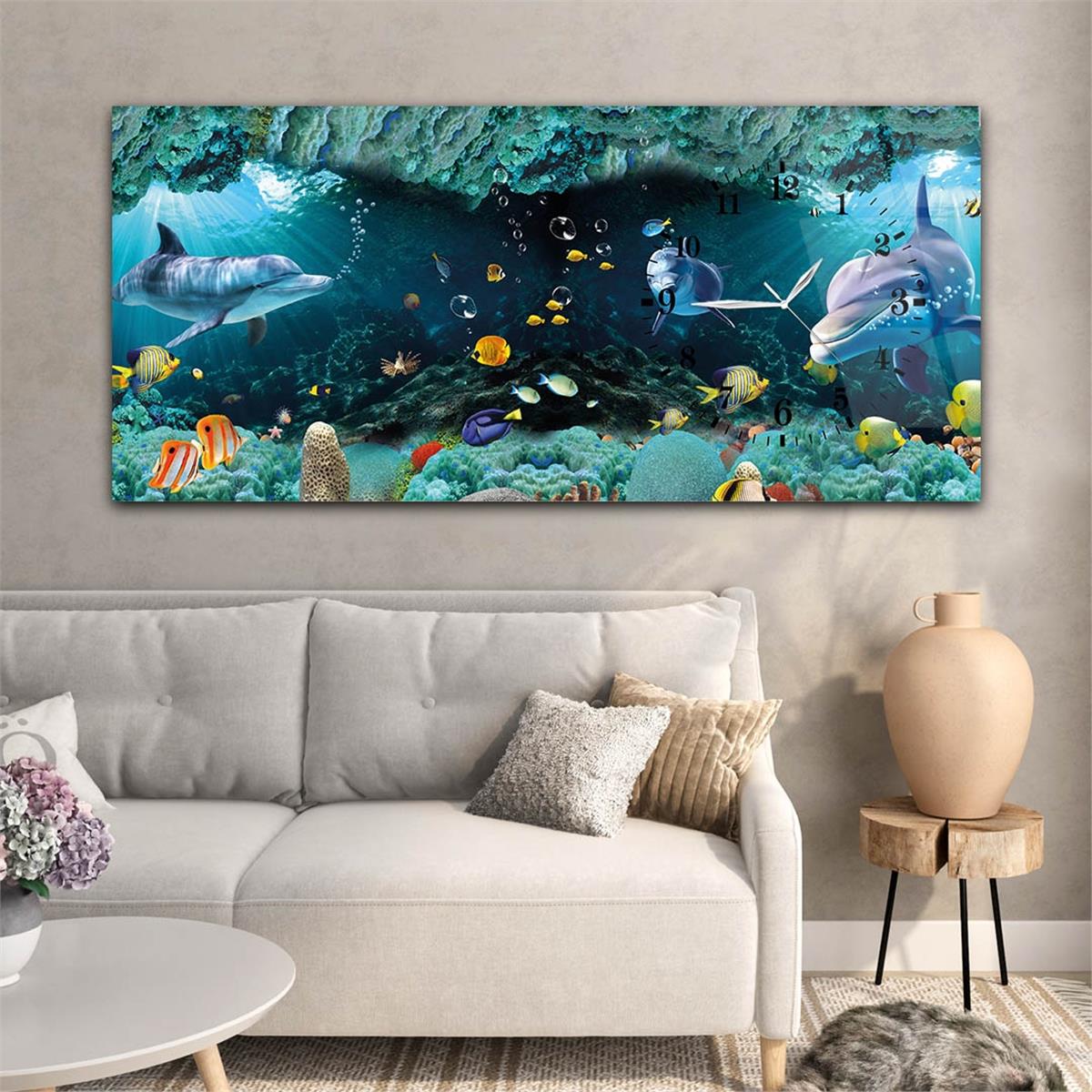 Horizontal bedrucktes Glas mit Kunst und Naturthema und einer Uhr an der Seite 045