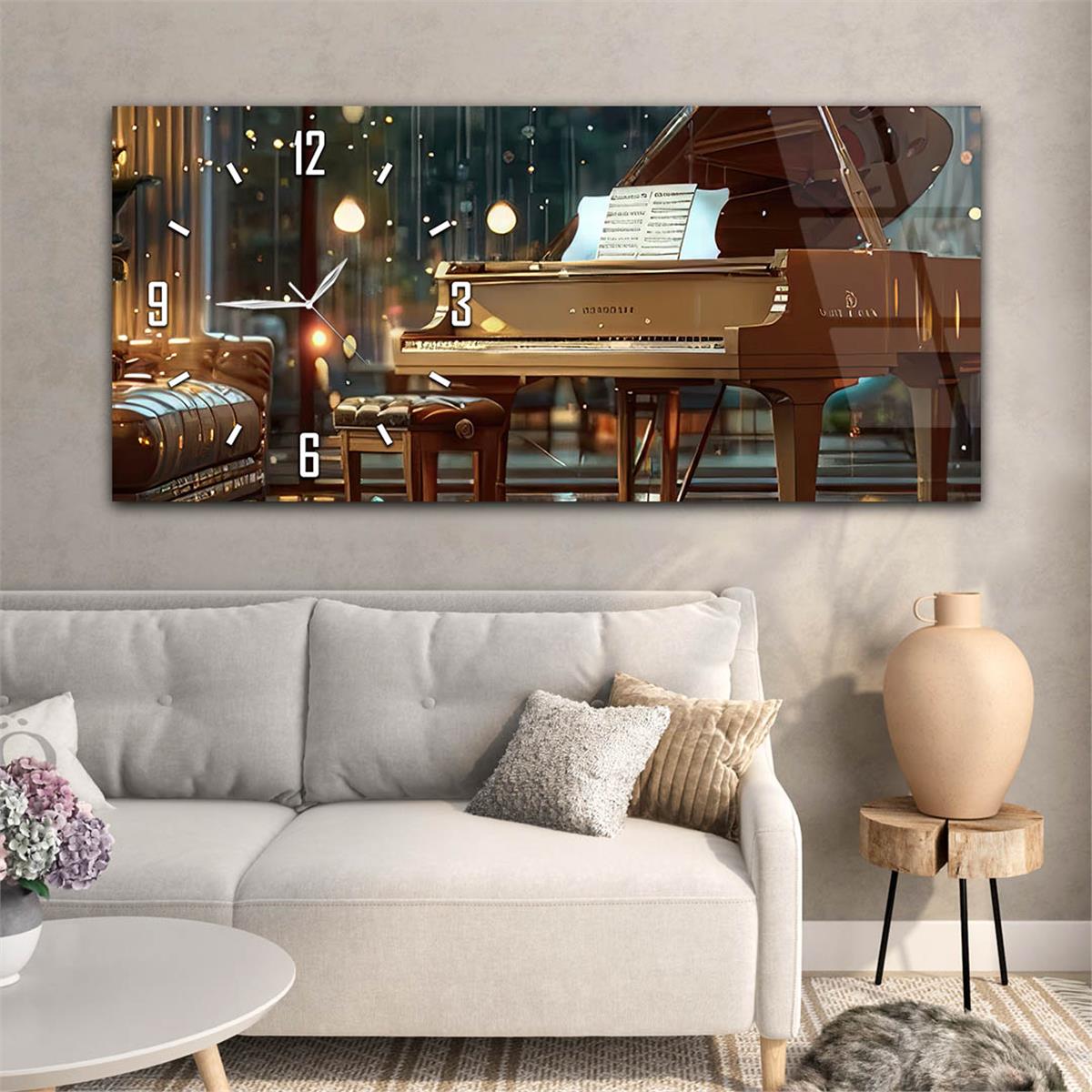 Yatay Saatli Yandan Sanat Temalı Cam Tablo 378