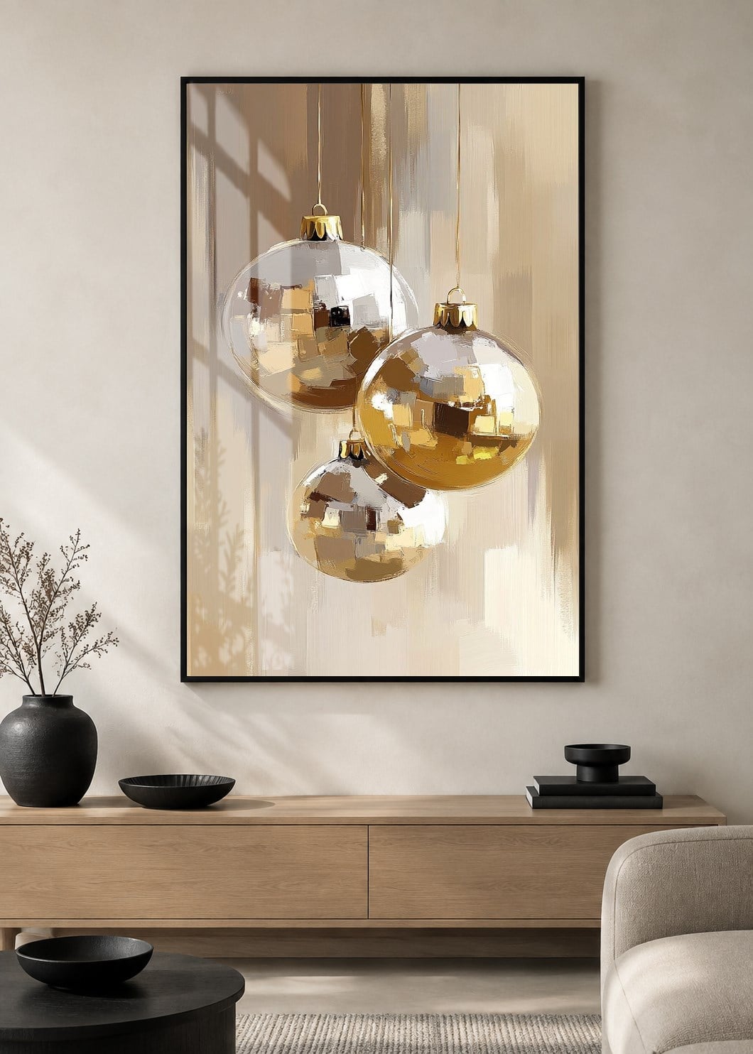 Şampanya Gold Küreler Alüminyum Çerçeveli Lüks Cam Duvar Tablosu