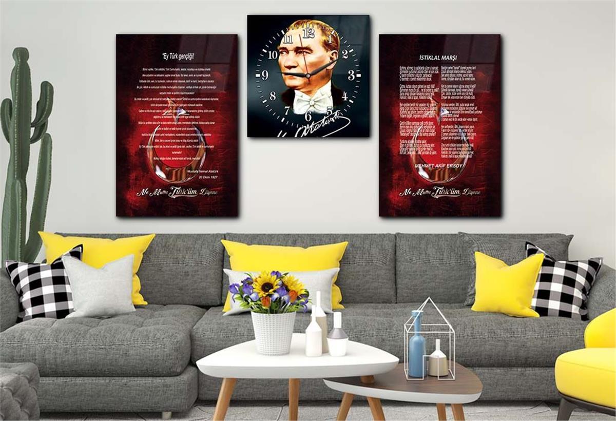 Atatürk, Independence March, and Youth Address Glass Wall Art Set with Clock