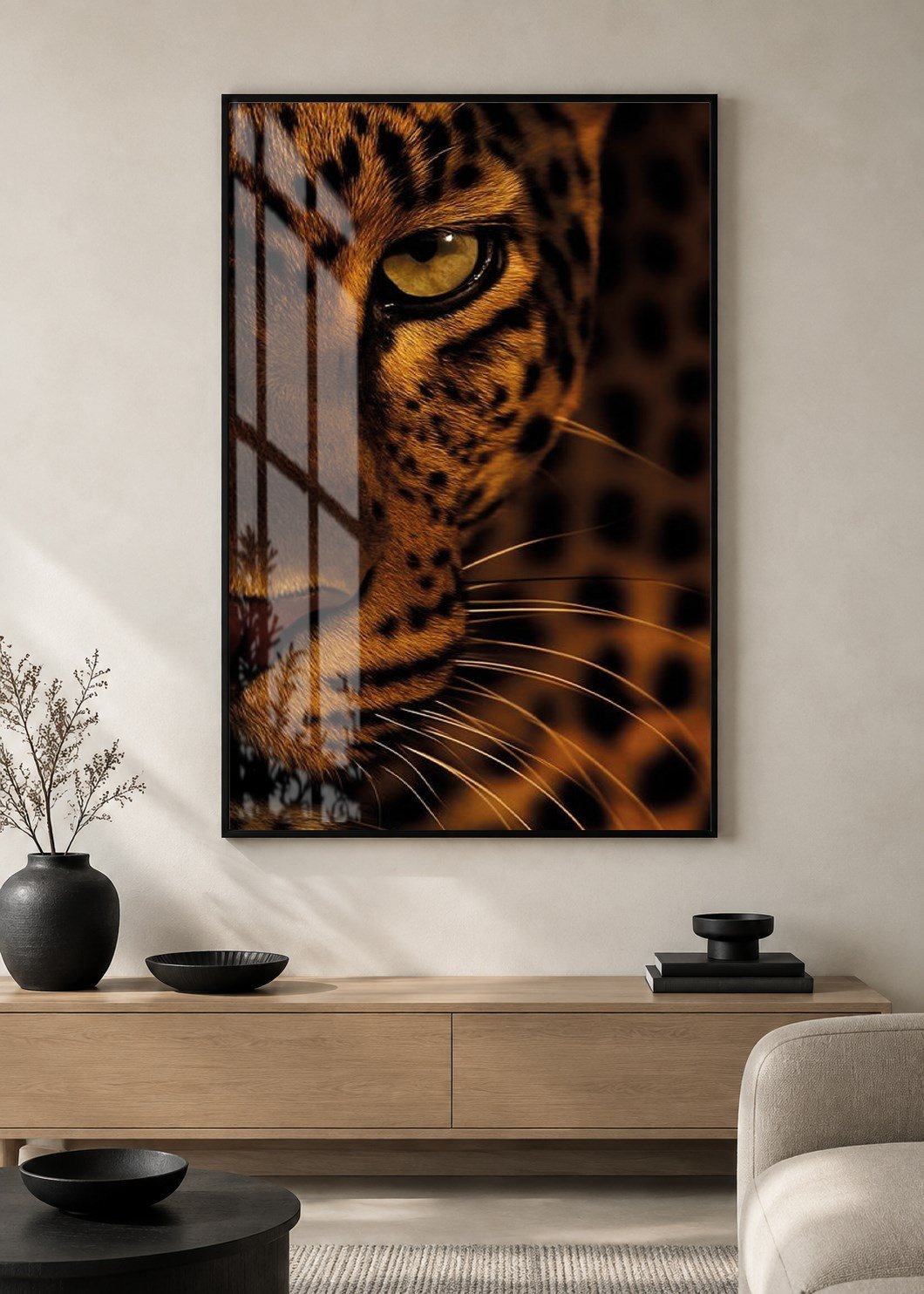 Leopar Portresi Alüminyum Çerçeveli Dekoratif Cam Duvar Tablosu