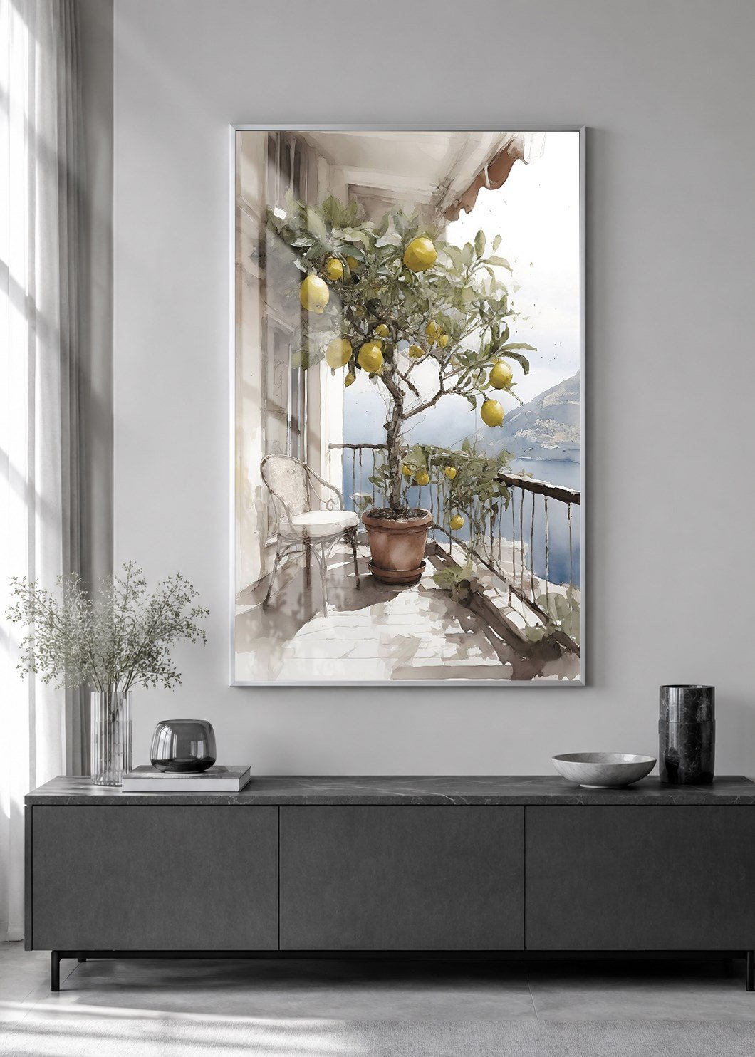 Sahil Manzaralı Limon Ağacı Alüminyum Çerçeveli Modern Cam Duvar Tablosu