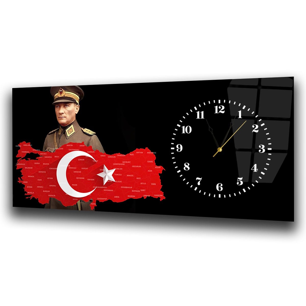 Yatay Saatli Yandan Vatan Temalı Cam Tablo 031