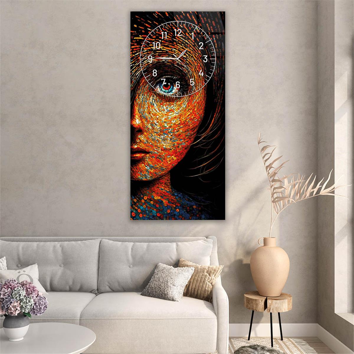 Vertical Art Themed Glass Wall Art with Clock at the Top 012