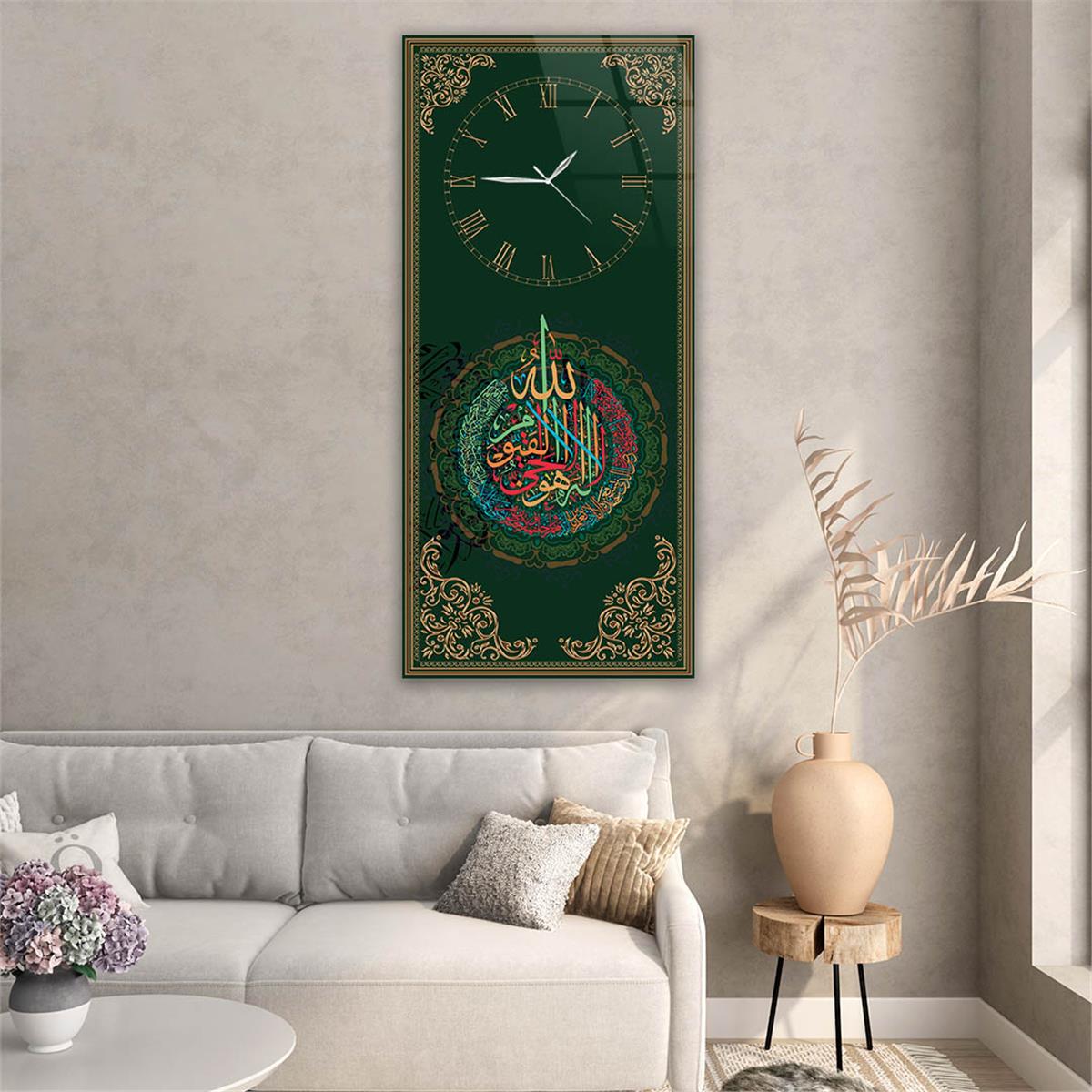 Vertical Religious Themed Glass Wall Art with Clock at the Top  033
