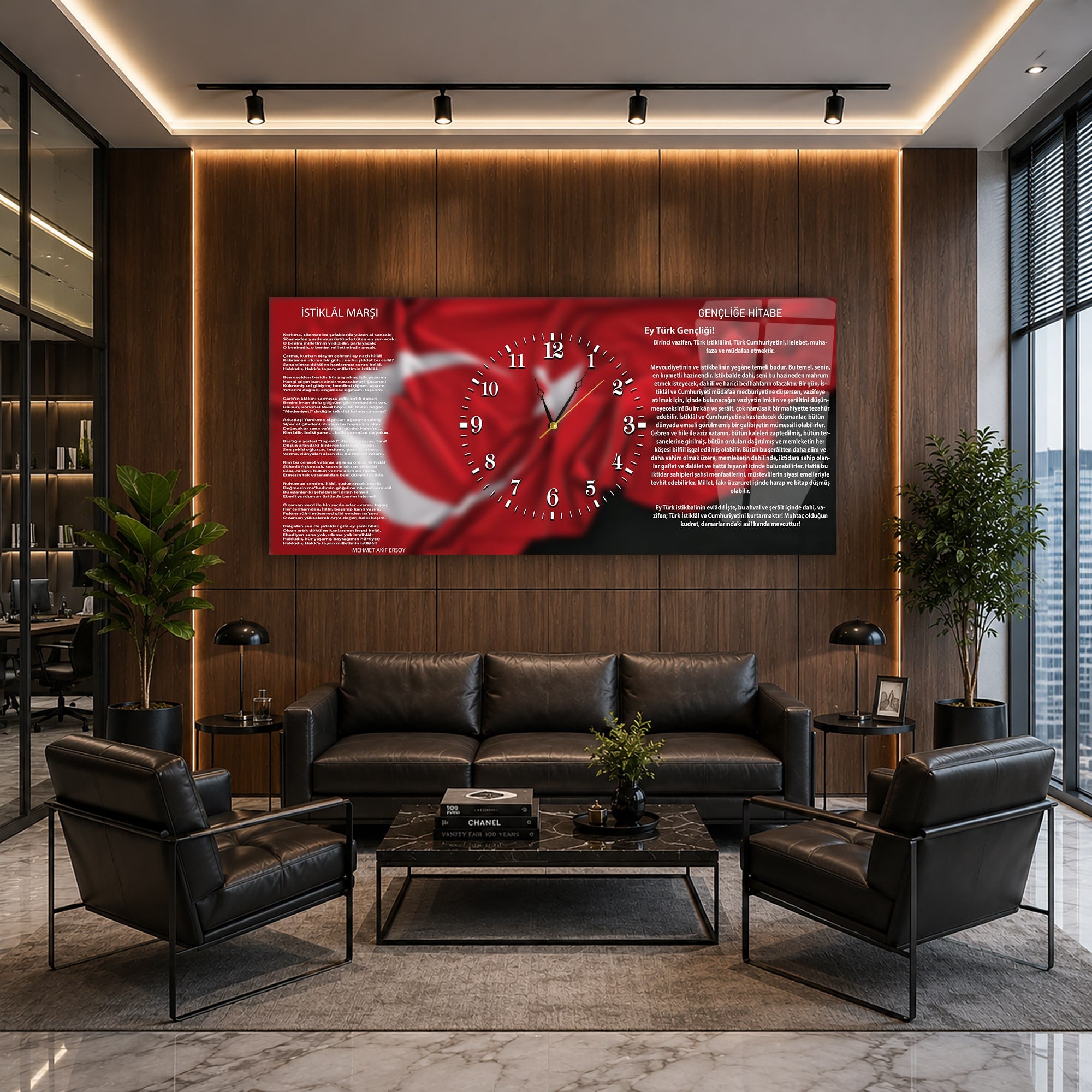 Yatay Ortadan Saatli  Vatan Temalı Cam Tablo 003
