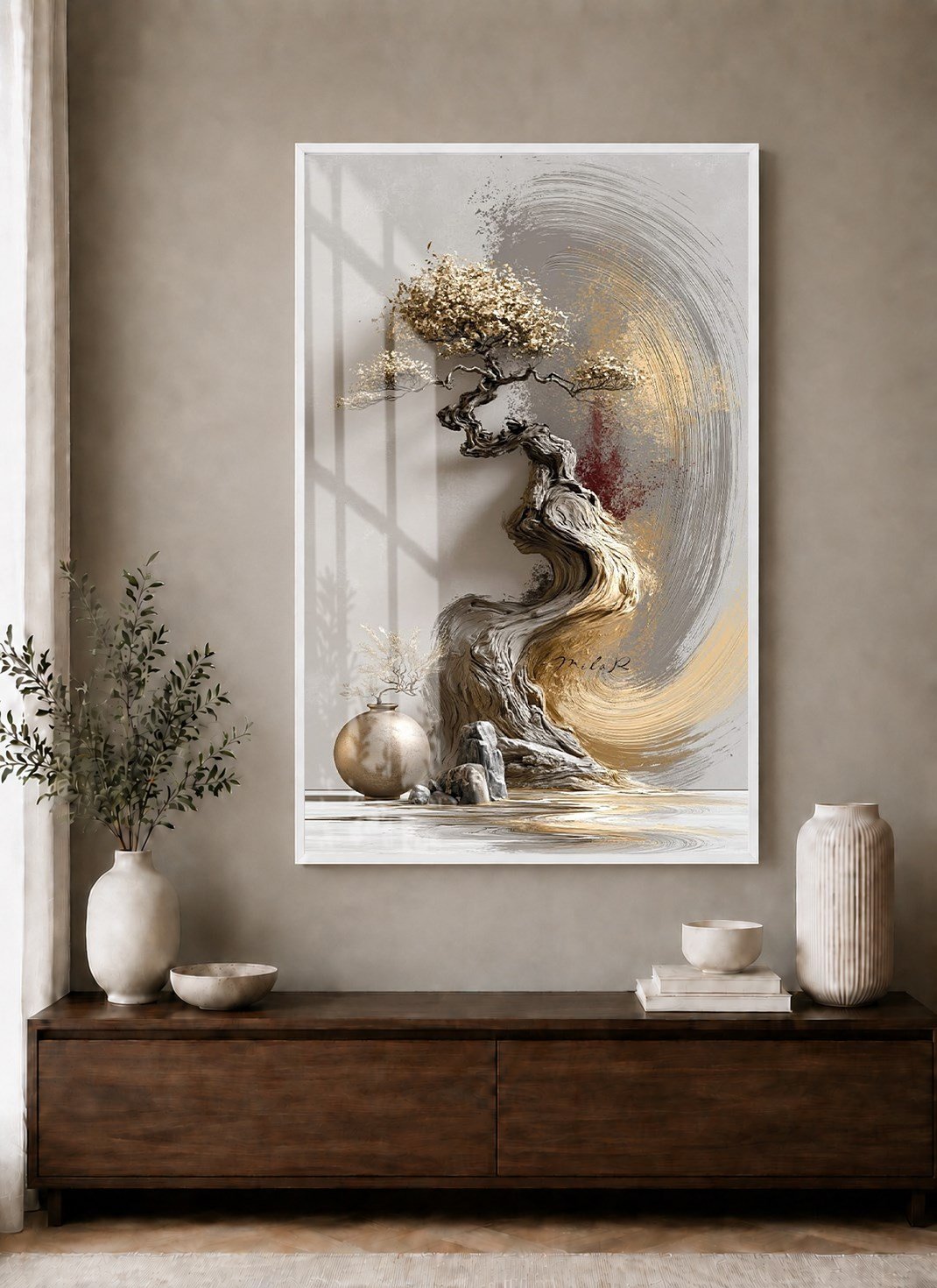 Zen Esintili Gold Bonsai Alüminyum Çerçeveli Modern Cam Duvar Tablosu