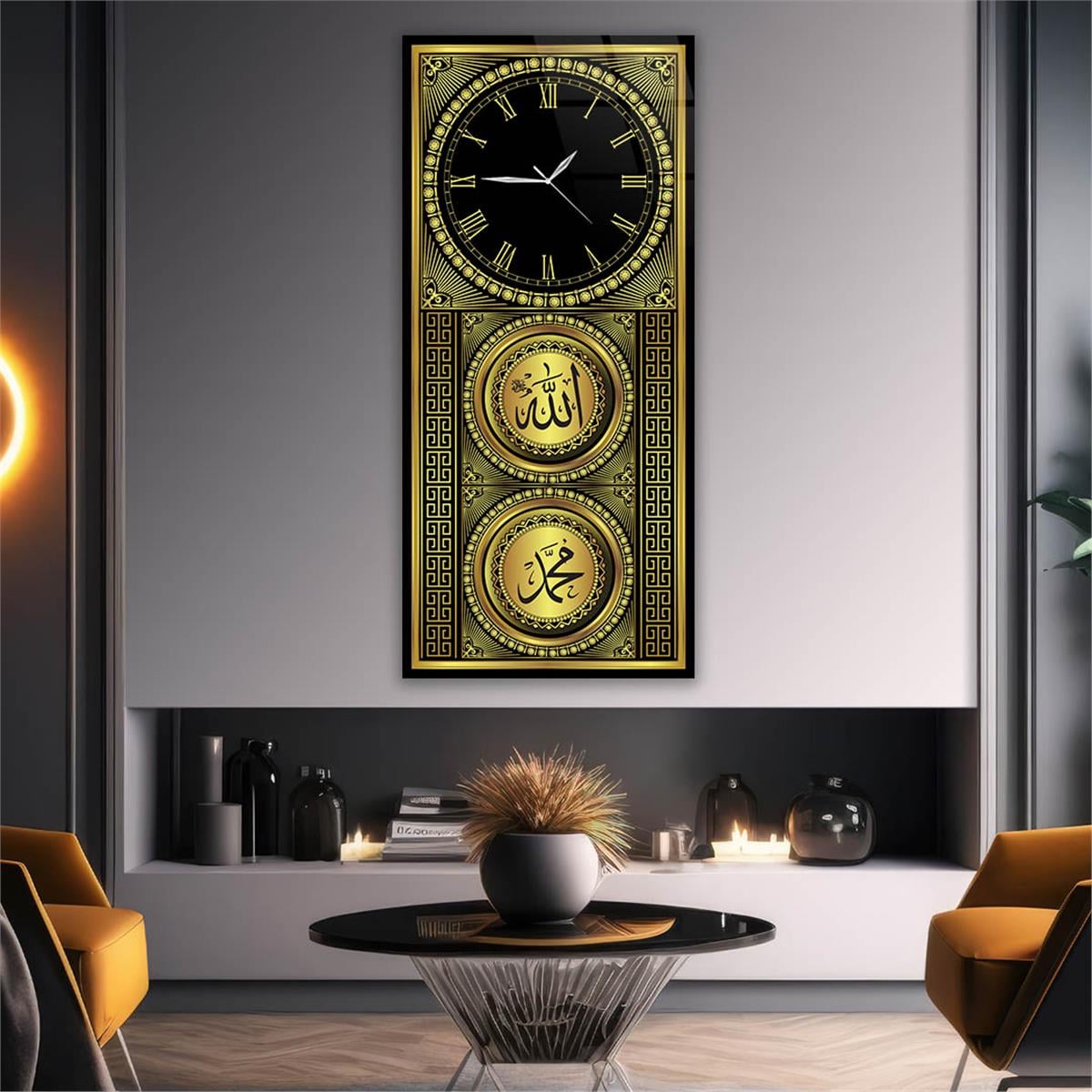 Vertical Religious Themed Glass Wall Art with Clock at the Top  037