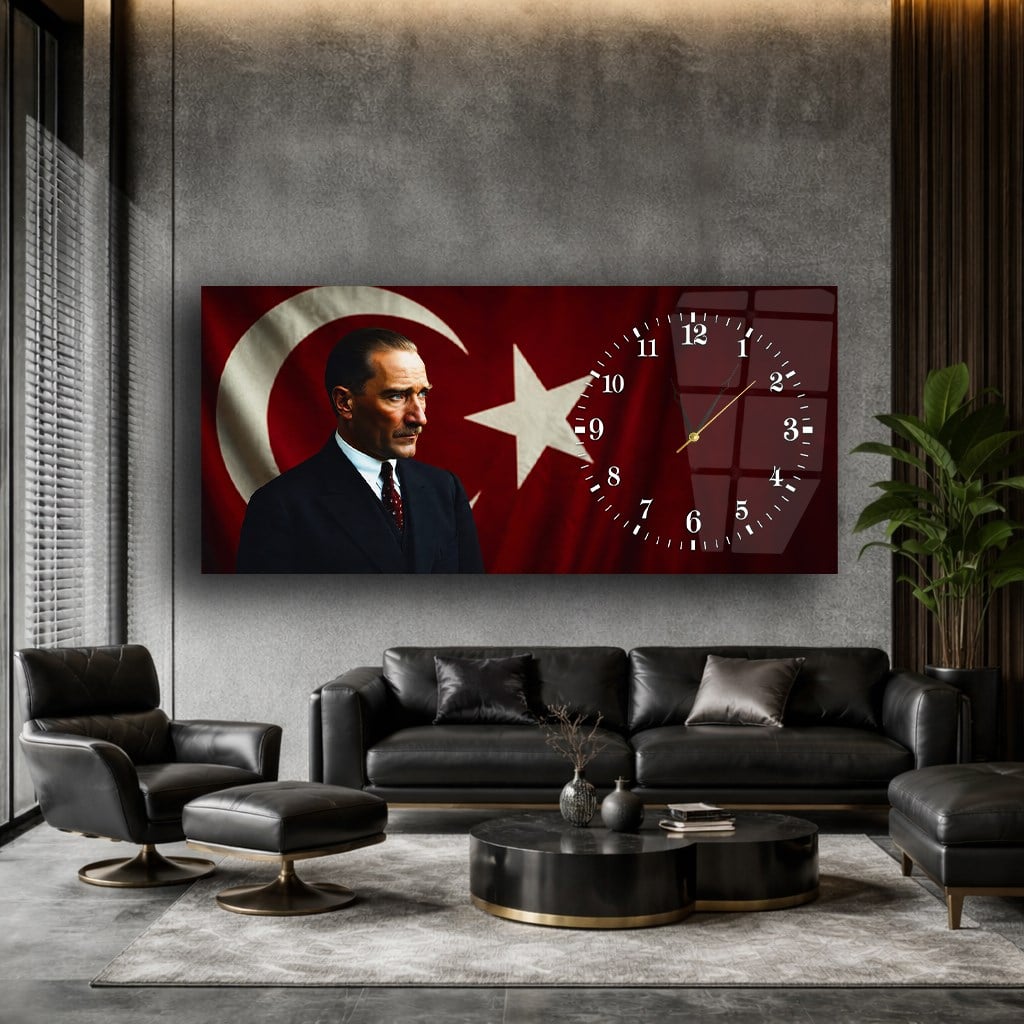 Cumhuriyetin Mimarı | Atatürk, Türk Bayrağı ve Anıtkabir Saatli Cam Tablo