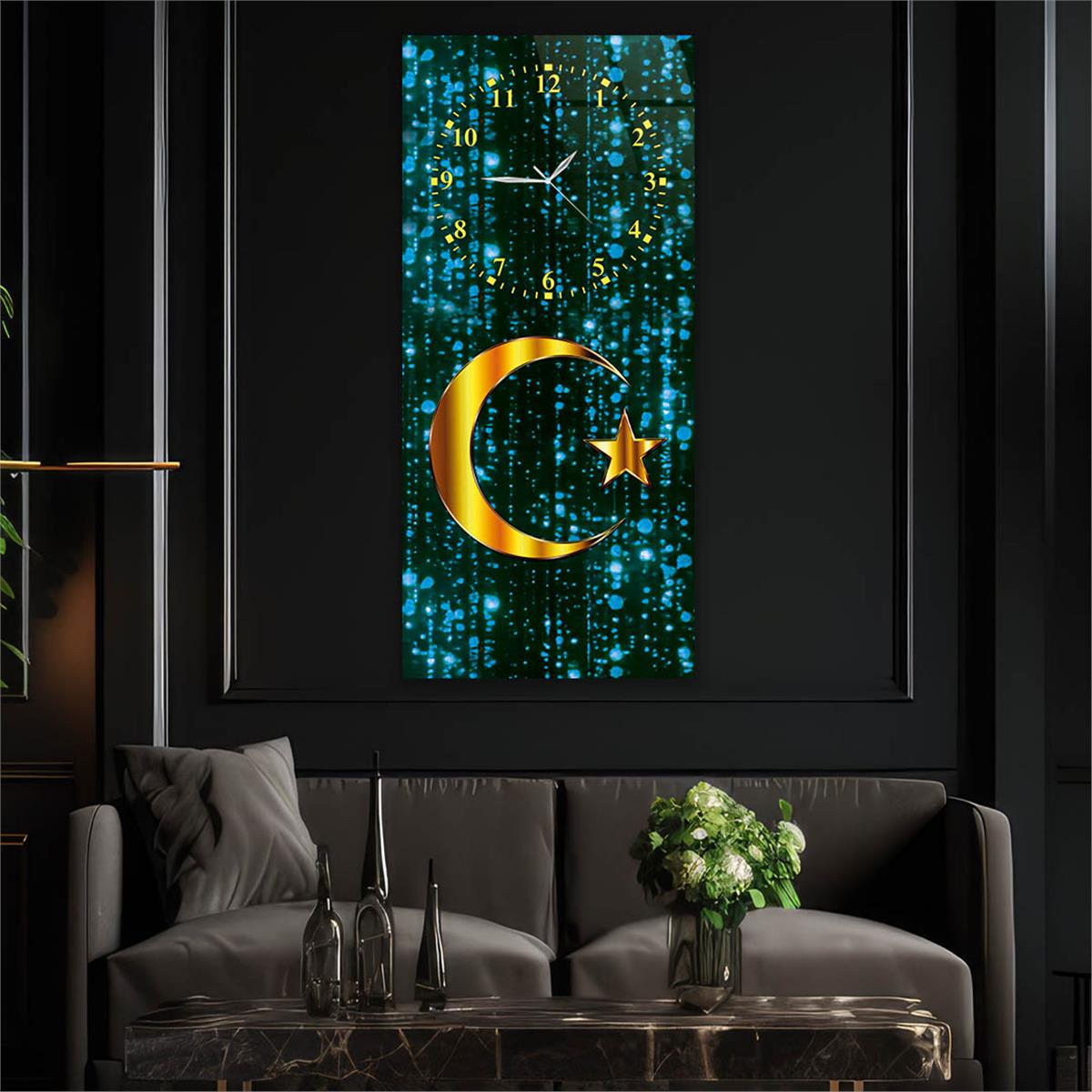 Vertical National Themed Glass Wall Art with Clock at the Top 018