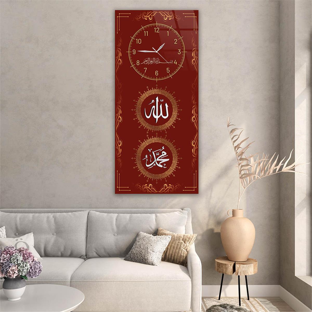 Vertical Religious Themed Glass Wall Art with Clock at the Top  040