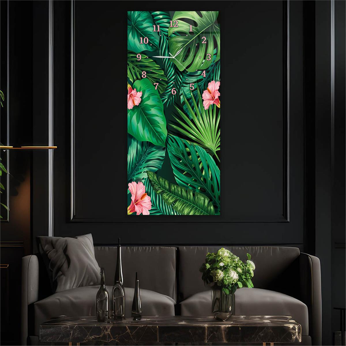 Tableau en verre à thème art et nature vertical avec horloge en haut 043