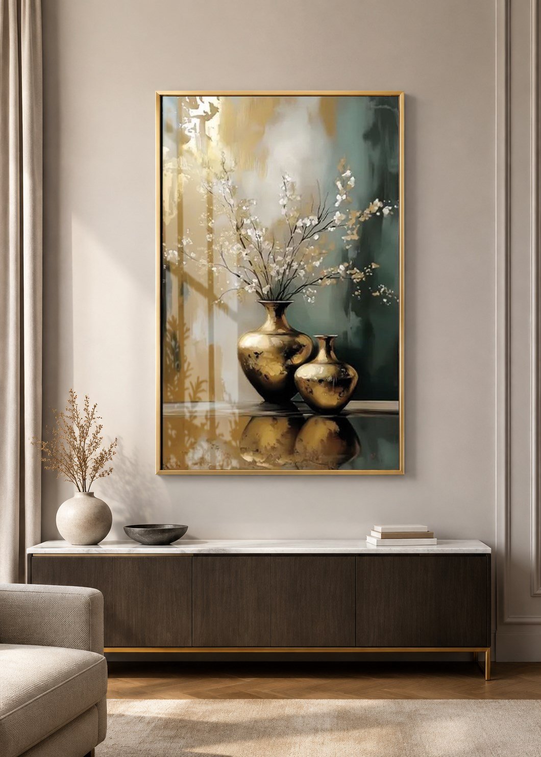 Lüks Gold Vazolar Alüminyum Çerçeveli Modern Cam Duvar Tablosu