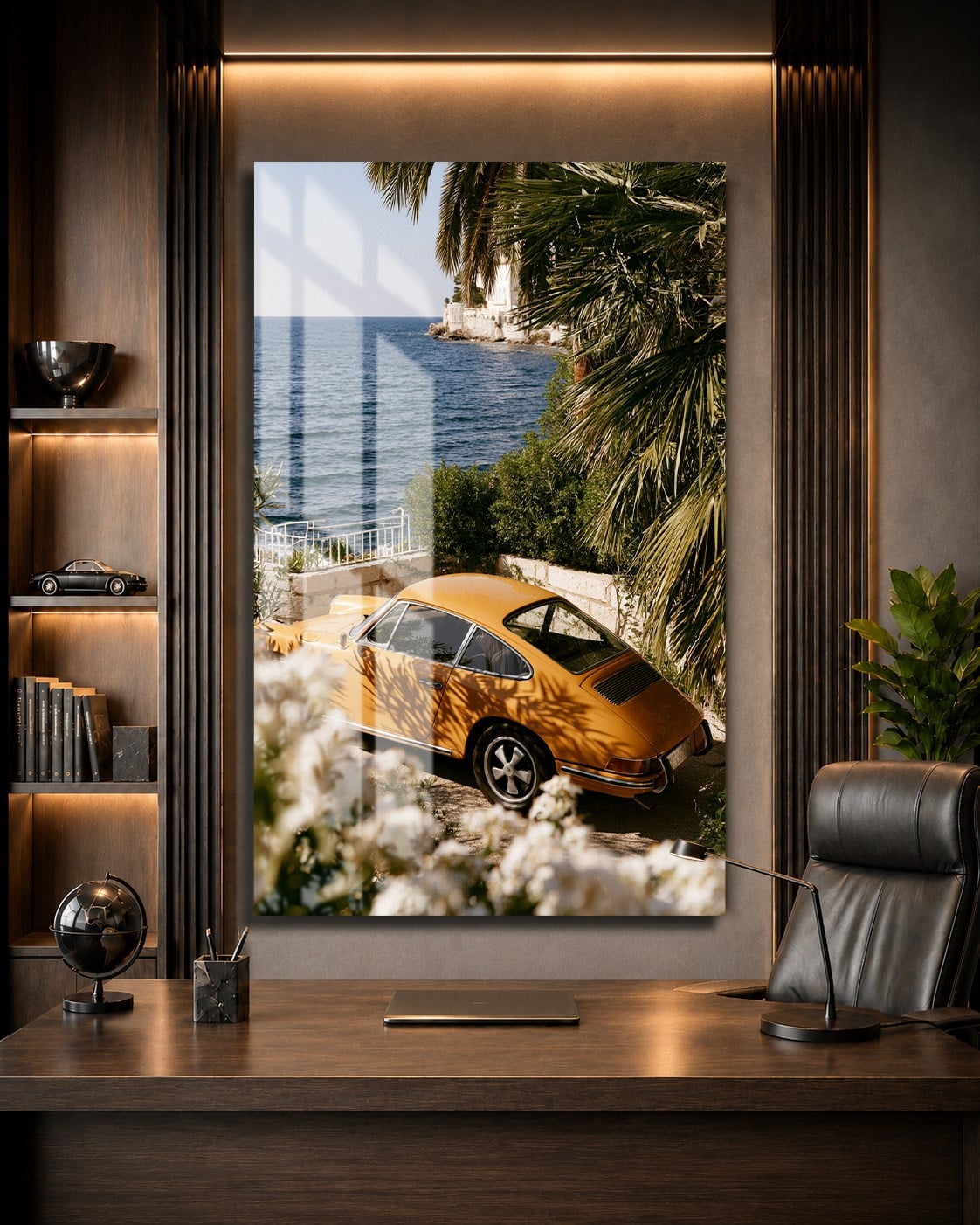 Sarı Klasik Porsche Sahil Cam Tablo