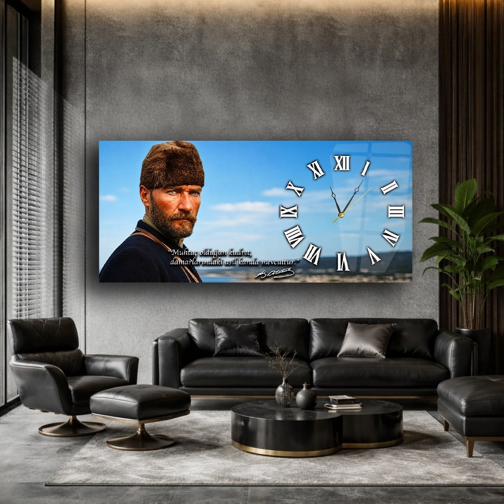 Yatay Saatli Yandan Vatan Temalı Cam Tablo 014