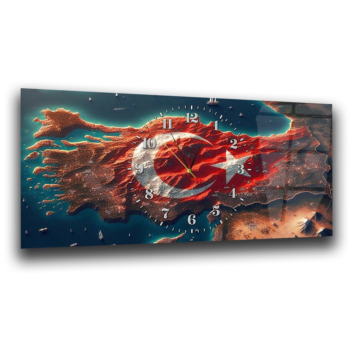 Yatay Saatli Ortadan Vatan Temalı Cam Tablo 116