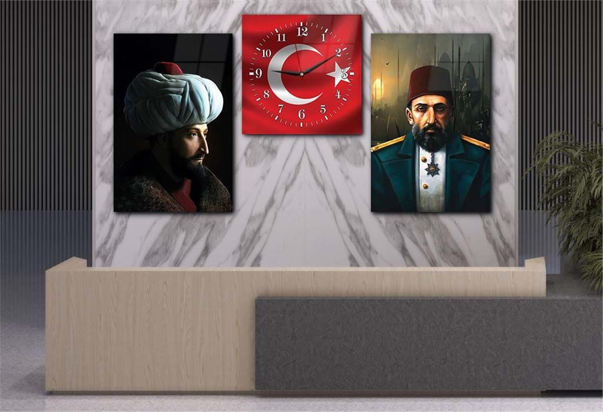 Fatih Sultan Mehmet KHan Sultan Abdulhamid Khan and Turkish Flag Tempered Glass Wall Art Set with Clock