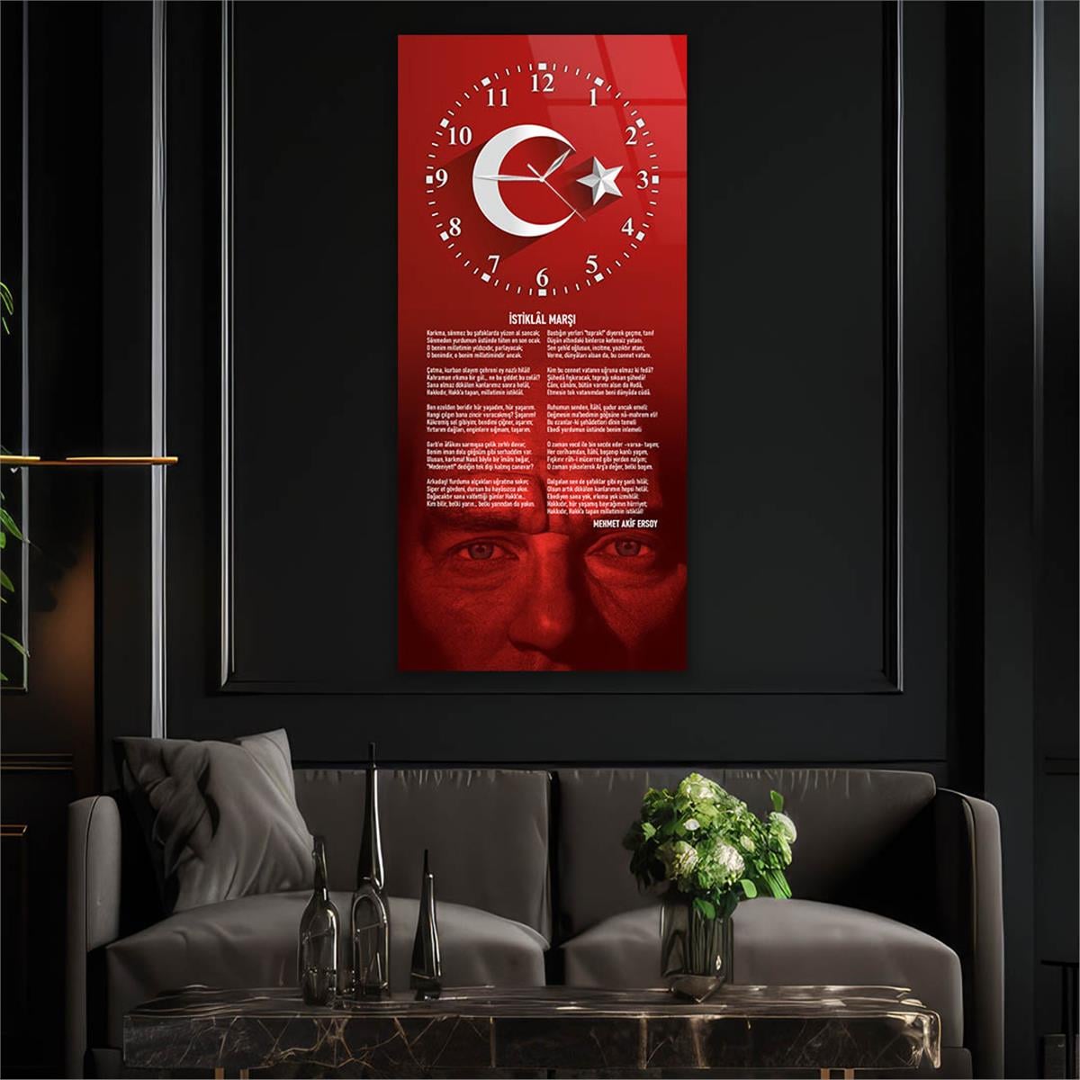 Vertical National Themed Glass Wall Art with Clock at the Top 026