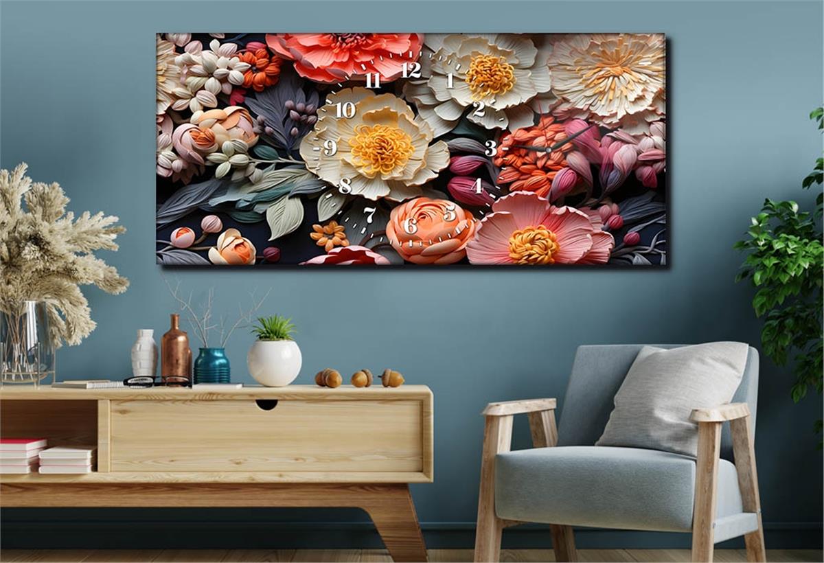 Yatay Saatli Yandan Sanat Temalı Cam Tablo 250