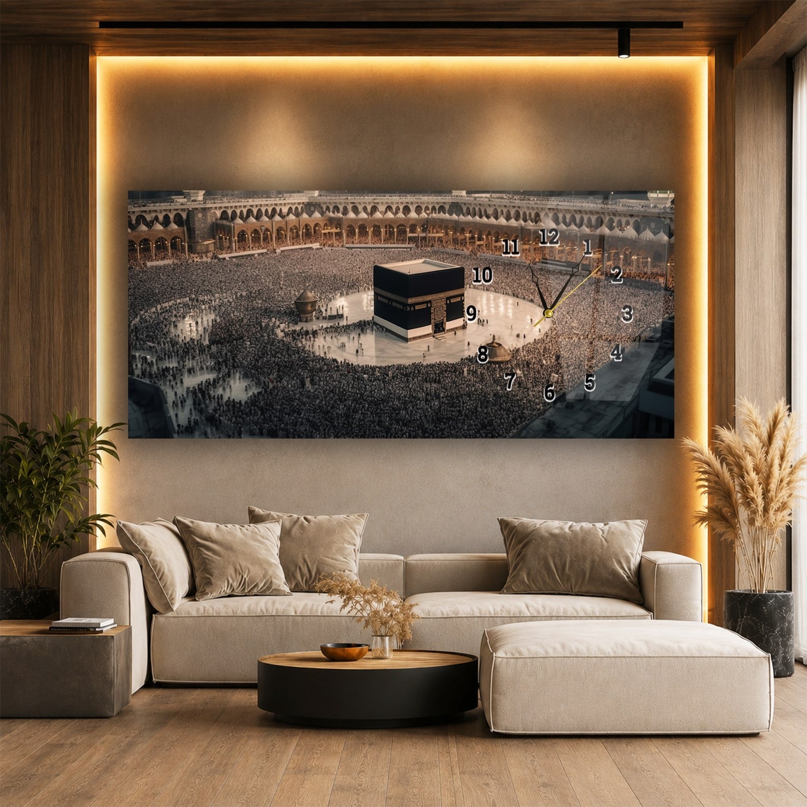 Kaaba Tavaf Horizontaal, Aan De Zijkant Voorzien Van Een Klok, Religieus Thema Gehard Glasschilderij 065