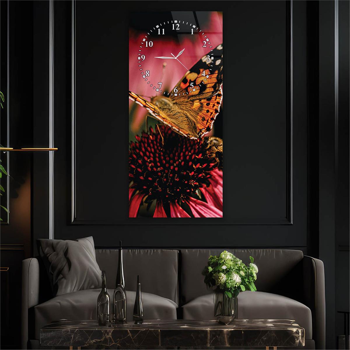 Tableau en verre à thème art et nature vertical avec horloge en haut 067