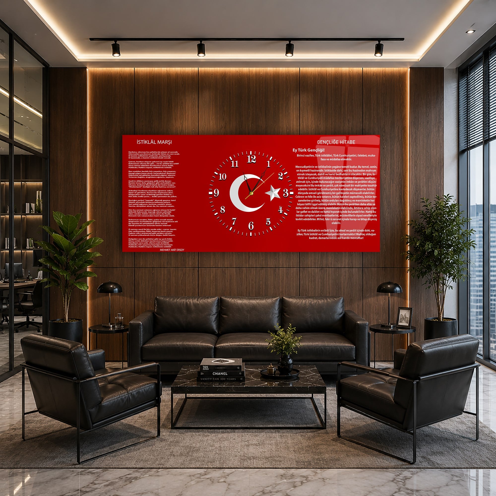 İstiklal Marşı ve Gençliğe Hitabe Yatay Ortadan Saatli  Vatan Temalı Cam Tablo 001