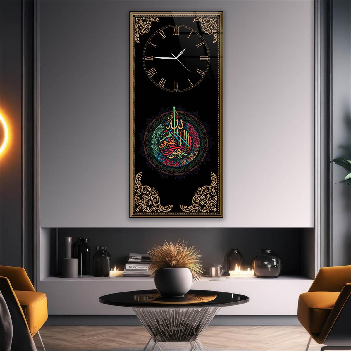 Tableau en verre à thème religieux vertical avec horloge en haut 031