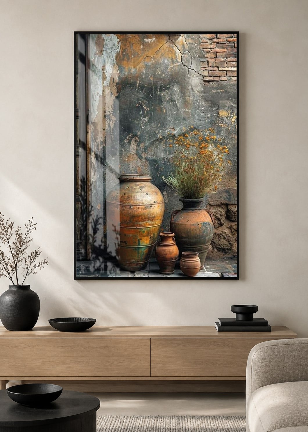 Rustik Vazolar ve Çiçekler Alüminyum Çerçeveli Modern Cam Duvar Tablosu