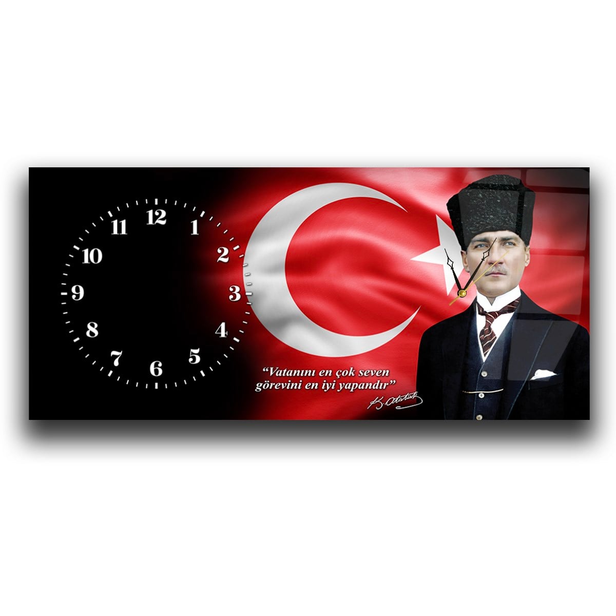 Yatay Saatli Yandan Vatan Temalı Cam Tablo 030