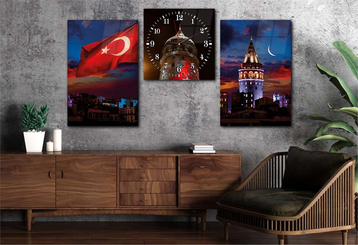 Galata Tower and Turkish Flag Tempered Glass Wall Art Set with Clock