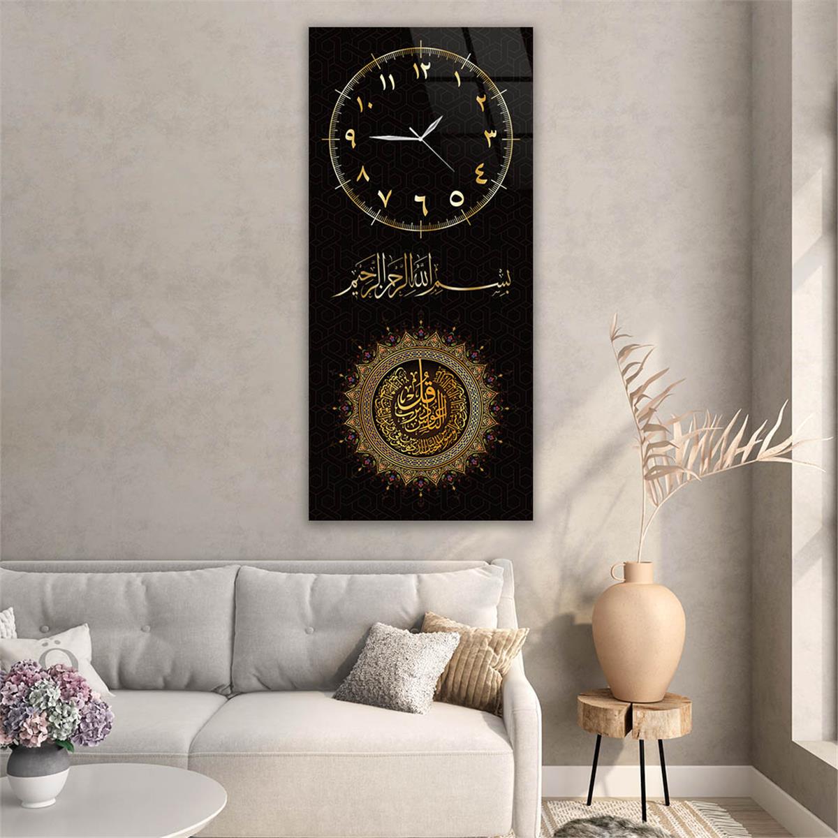 Vertical Religious Themed Glass Wall Art with Clock at the Top  009