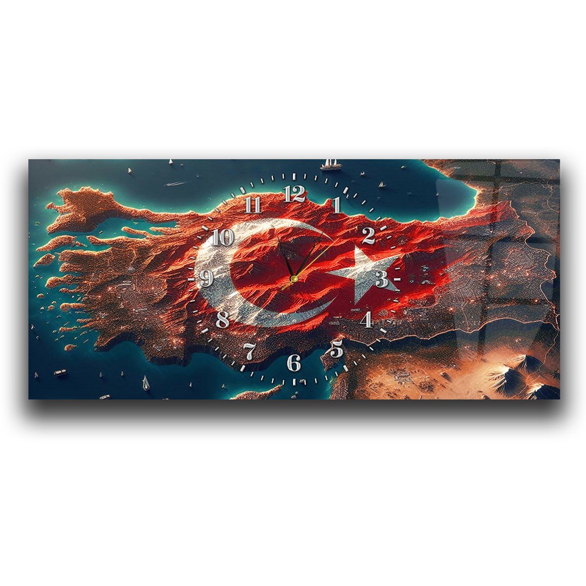 Yatay Saatli Ortadan Vatan Temalı Cam Tablo 116
