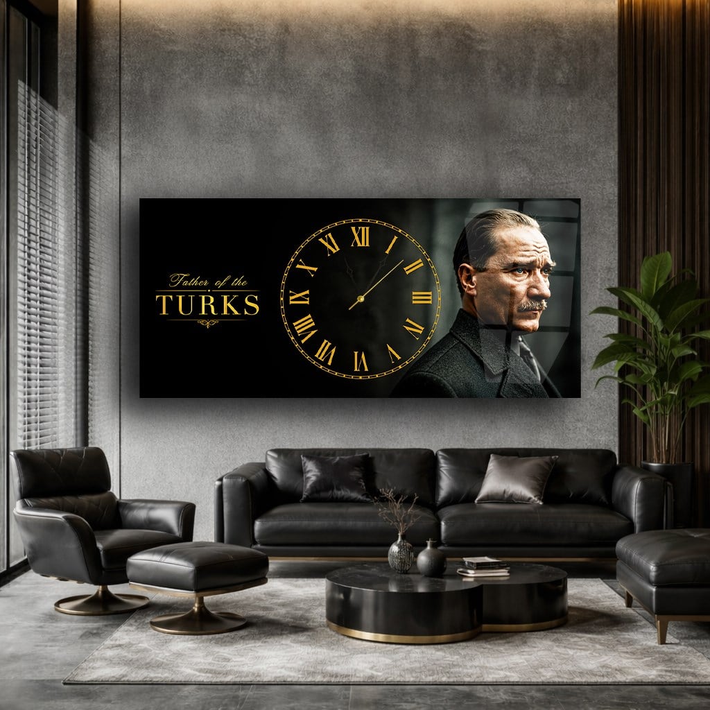 Yatay Saatli Ortadan Vatan Temalı Cam Tablo 171