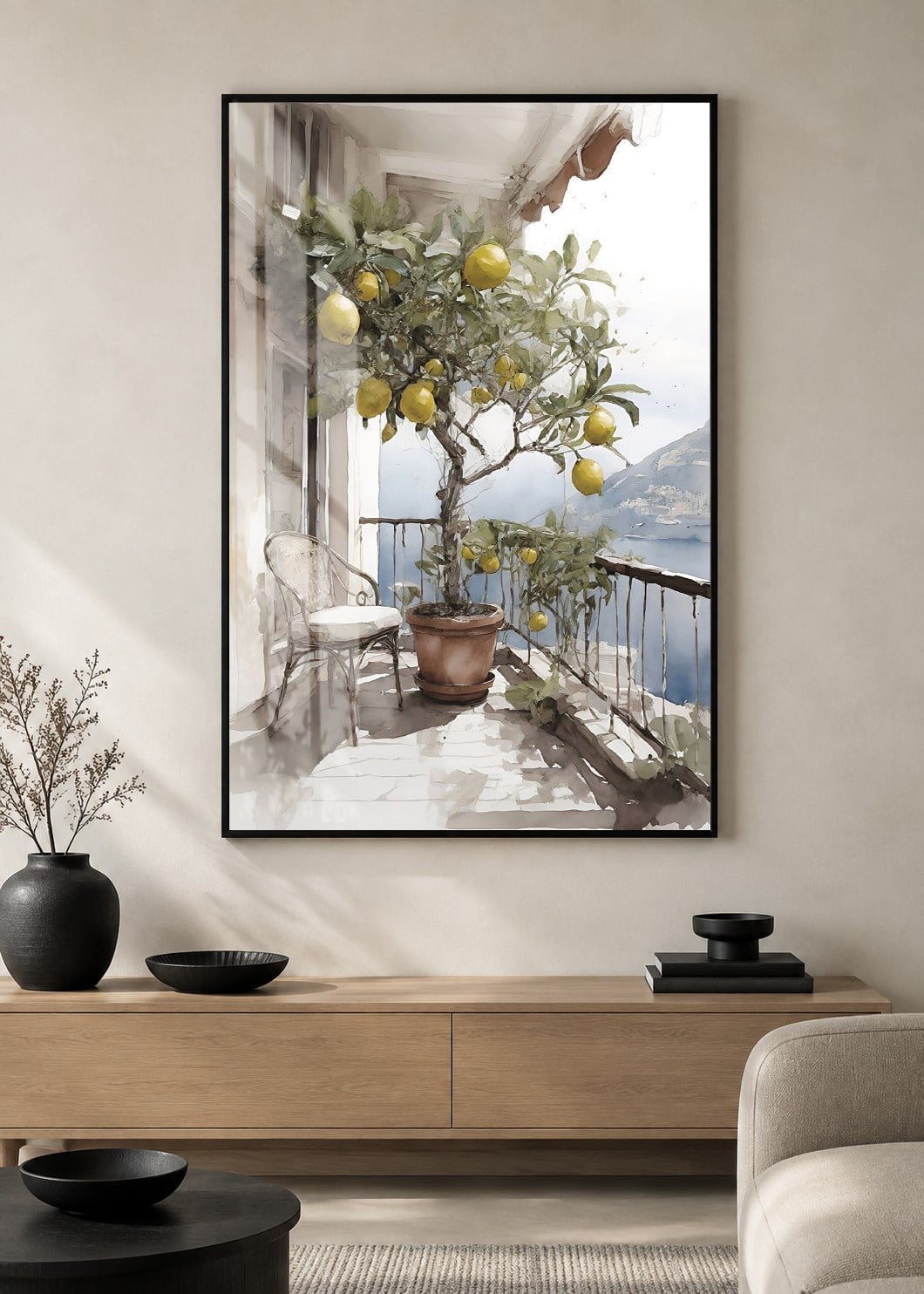Sahil Manzaralı Limon Ağacı Alüminyum Çerçeveli Modern Cam Duvar Tablosu